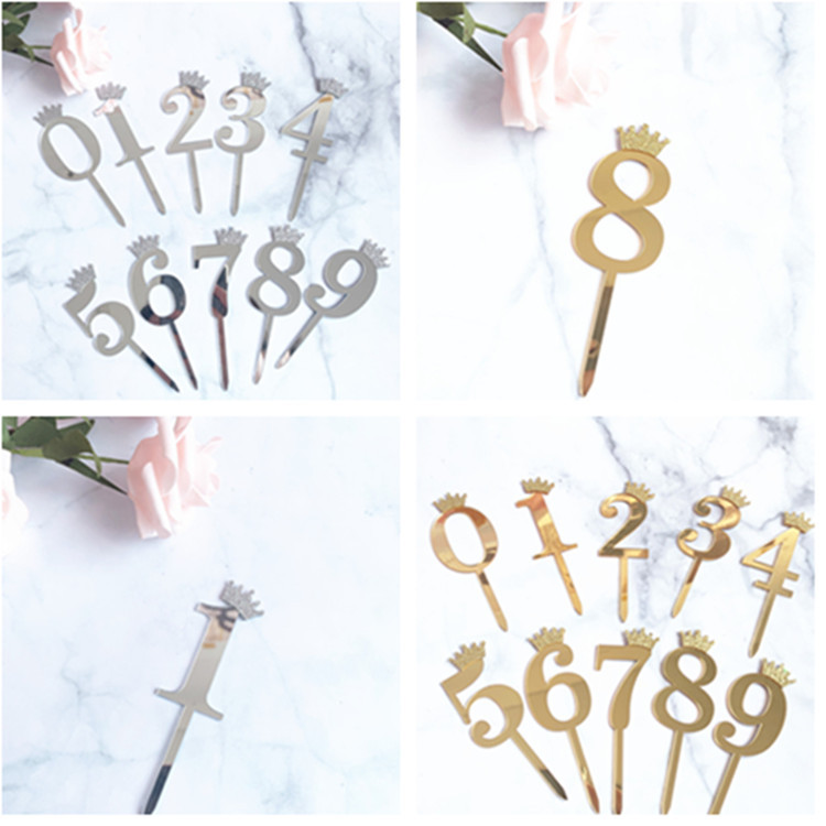 Birthday Cake Decoration Gold, Small Size Glitter Crown Number Acrylic Cake Insertion Baking Dessert Dress up