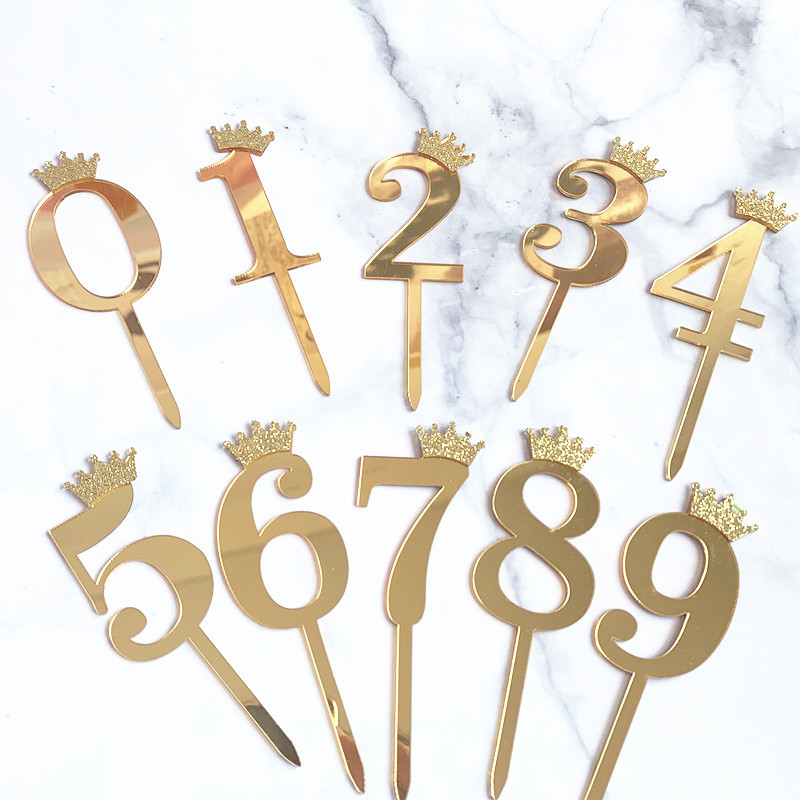 Birthday Cake Decoration Gold, Small Size Glitter Crown Number Acrylic Cake Insertion Baking Dessert Dress up