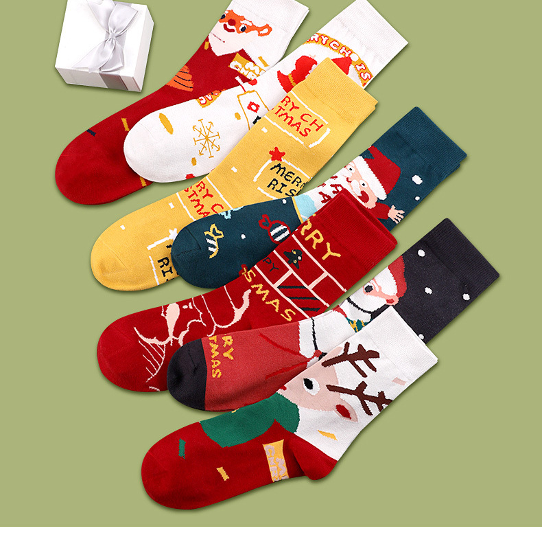 Langsha Christmas Socks Women's Mid-Calf Length Sock Autumn and Winter Cute Cartoon Stockings Christmas Gift Box Thick Cotton Socks