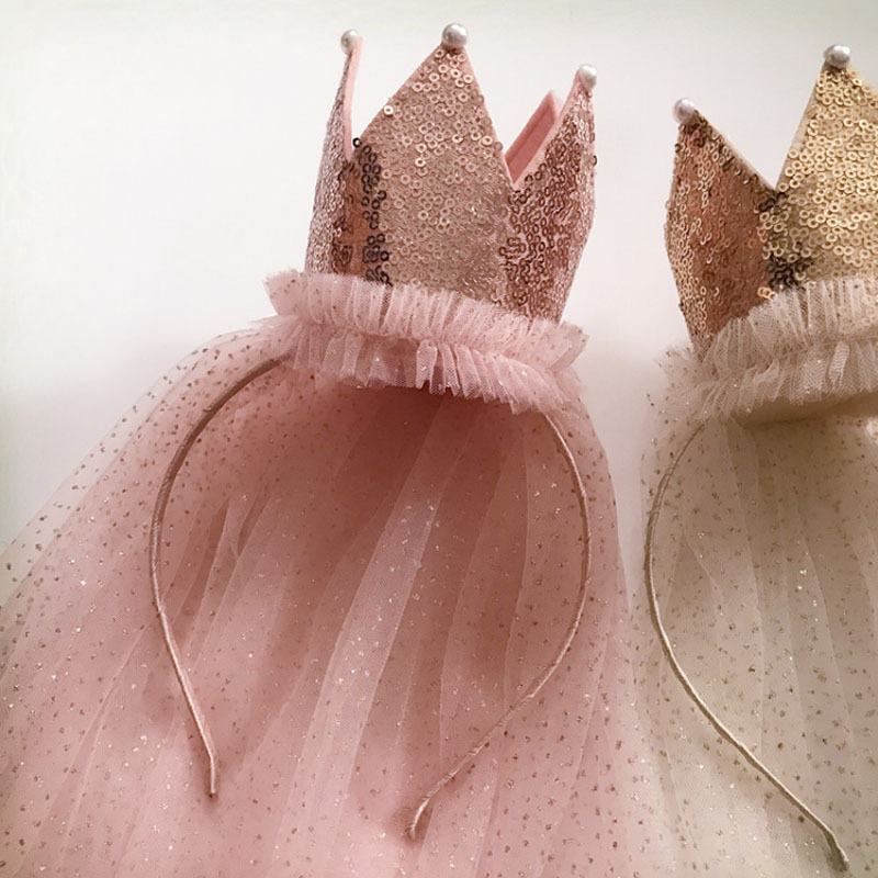 Children&#039;s Sequined Big Crown Flower Girl Veil Baby Headdress Birthday Mesh Headband Girls&#039; Hairband Hair Accessories Wholesale