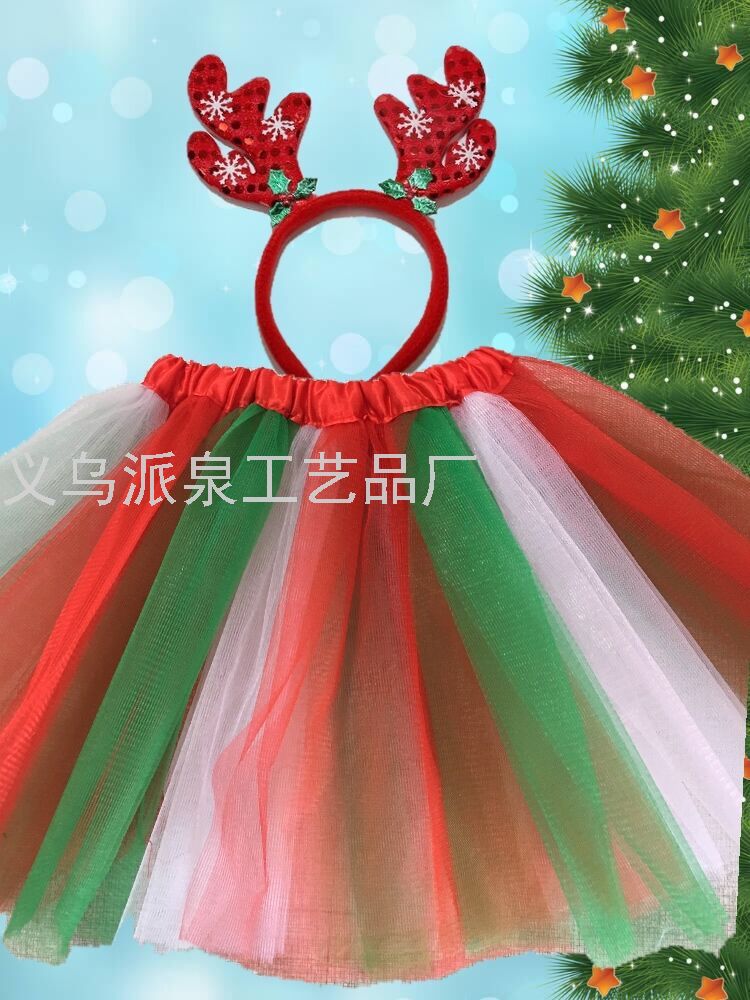 Christmas Children&#039;s Tutu Skirt Suit Girls&#039; Half-Length Pettiskirt Princess Dress Girls&#039; Veil Dress Antlers Headband Eur