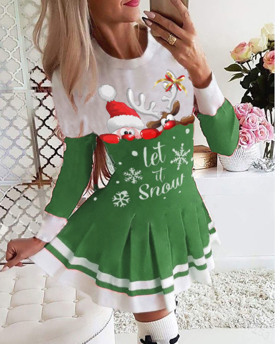 2021 Autumn and Winter Amazon European and American New Stitching Printed Pleated Skirt Christmas Dress 6 Colors 8 Yards in Stock