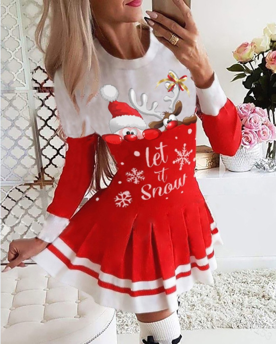 2021 Autumn and Winter Amazon European and American New Stitching Printed Pleated Skirt Christmas Dress 6 Colors 8 Yards in Stock