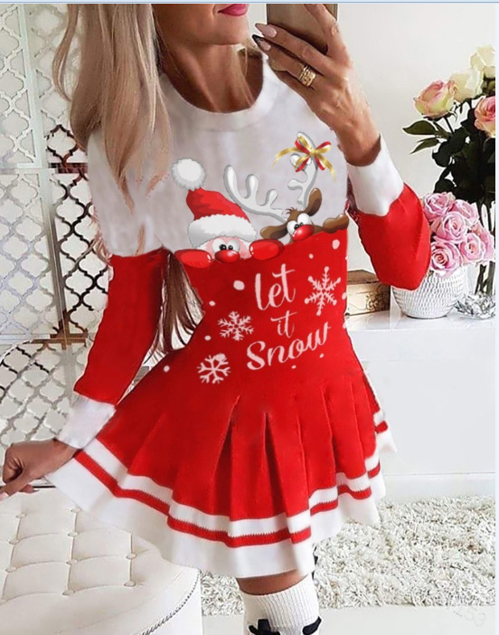 2021 Autumn and Winter Amazon European and American New Stitching Printed Pleated Skirt Christmas Dress 6 Colors 8 Yards in Stock