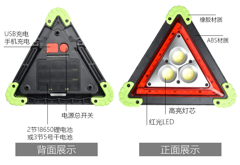 Triangle Flood Light Car Red Light Warning Floodlight Cob Led USB Portable Rechargeable Light Wholesale
