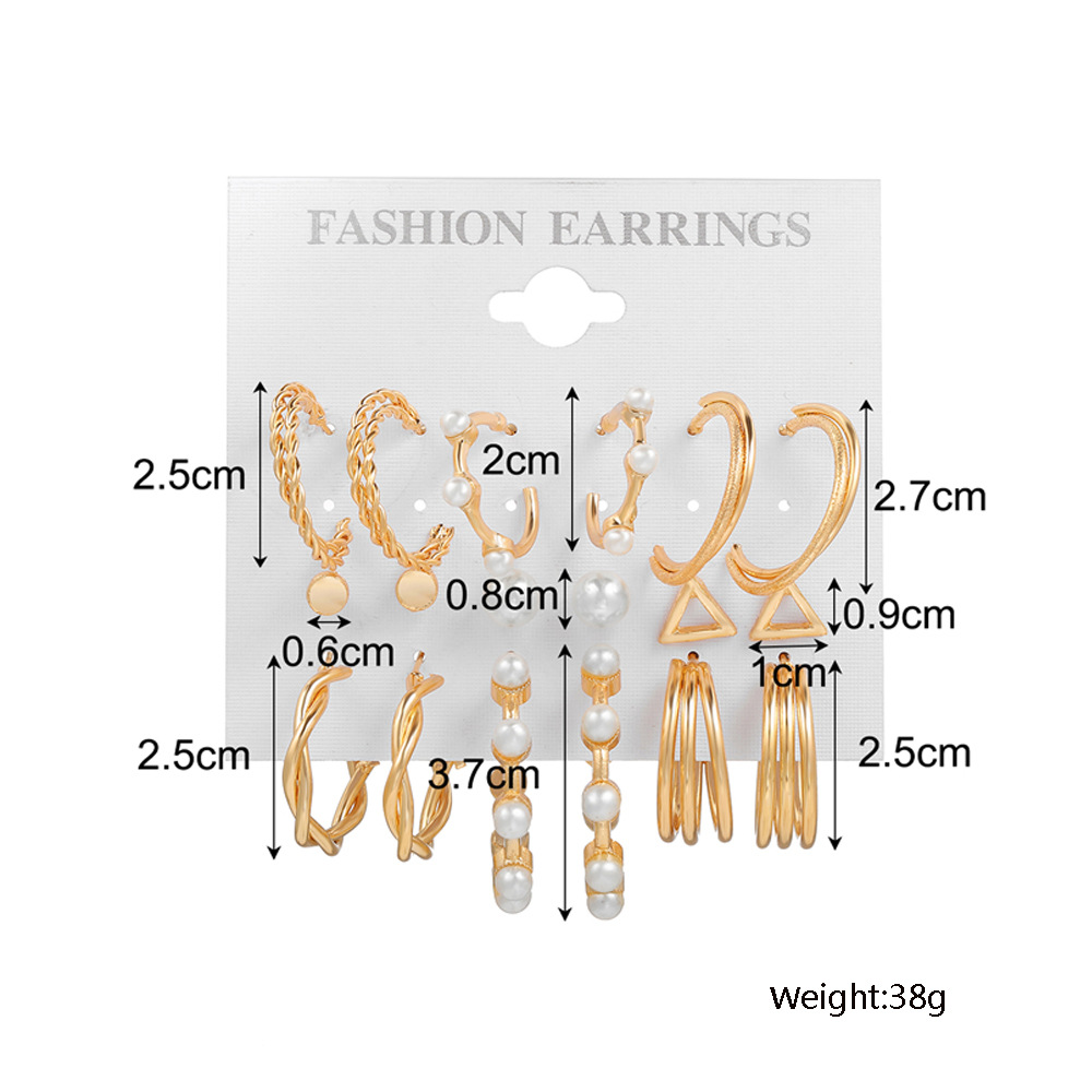 Europe and America Cross Border Bohemian Earrings Exaggerated C- Shaped Temperament Pearl Pendant Earrings Triangle Diamond 9-Piece Set ·