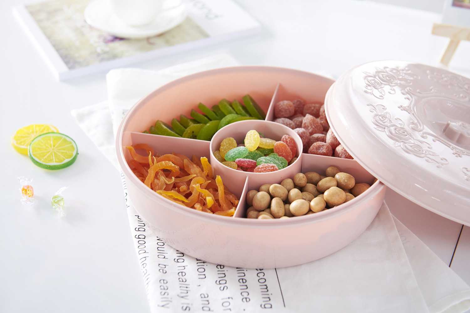Wedding Gifts Household Grid round with Lid Candy Box Living Room Plastic Combination Dried Fruit and Melon Seeds Fruit Plate