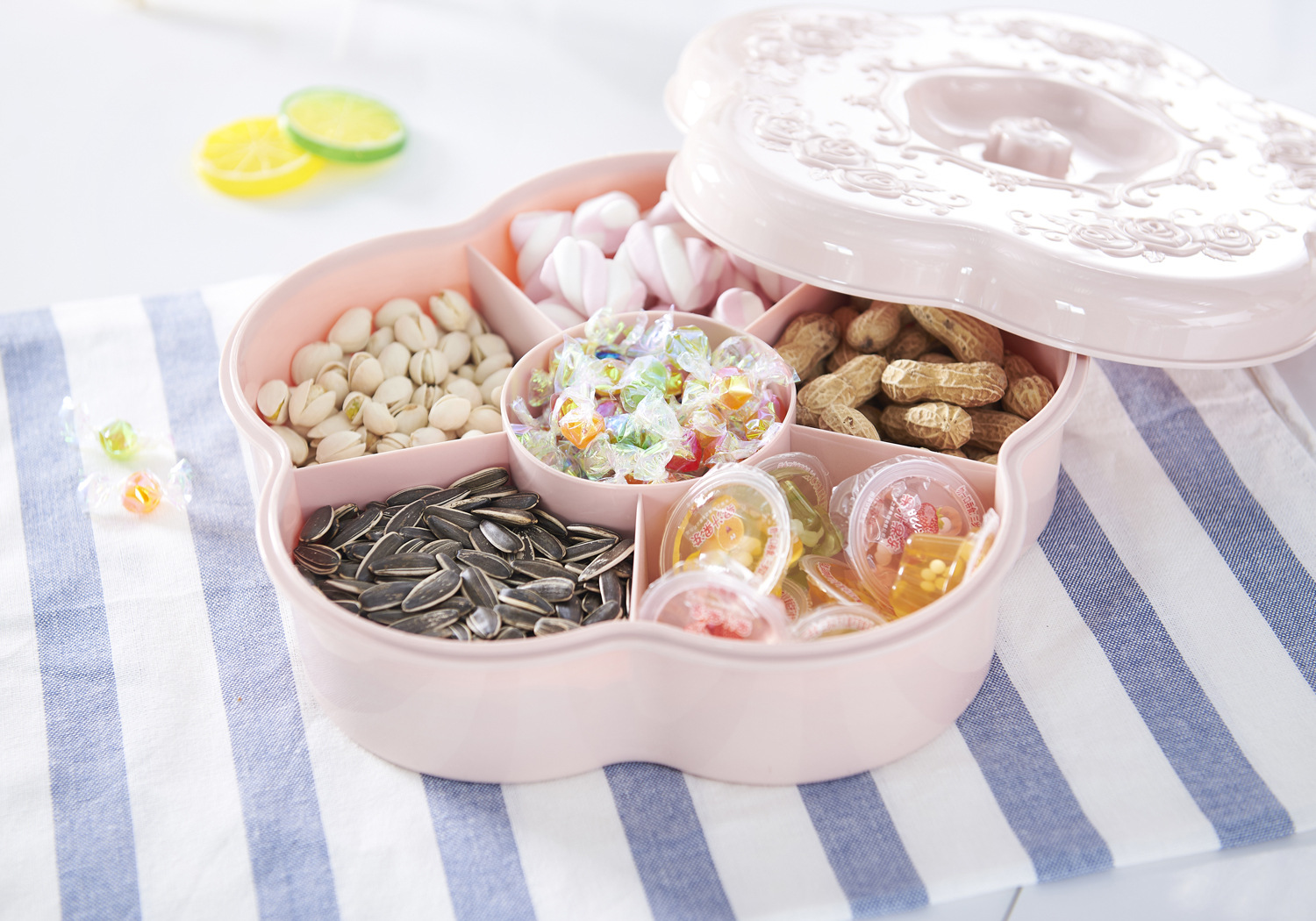 Wedding Gifts Household Grid round with Lid Candy Box Living Room Plastic Combination Dried Fruit and Melon Seeds Fruit Plate