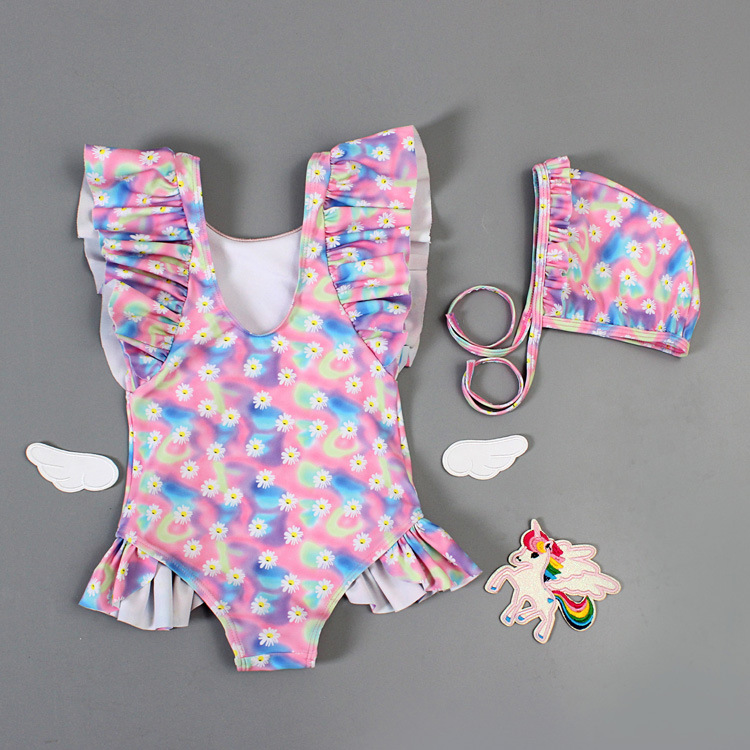 2020 new children&#039;s swimsuit tie-dye baby Daisy baby baby baby baby one-piece triangle swimming suit and hat