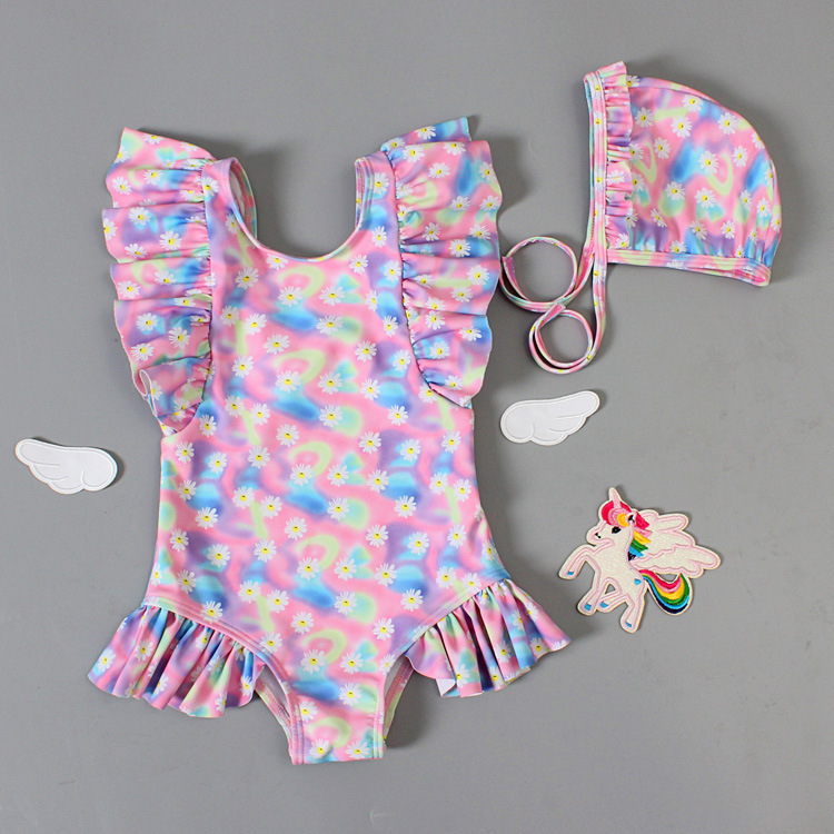 2020 new children&#039;s swimsuit tie-dye baby Daisy baby baby baby baby one-piece triangle swimming suit and hat