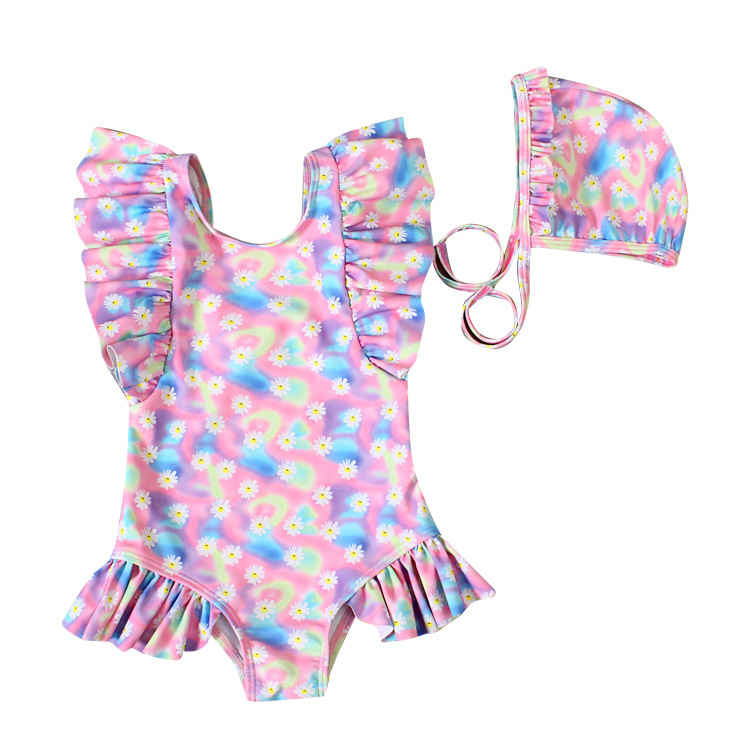 2020 new children&#039;s swimsuit tie-dye baby Daisy baby baby baby baby one-piece triangle swimming suit and hat