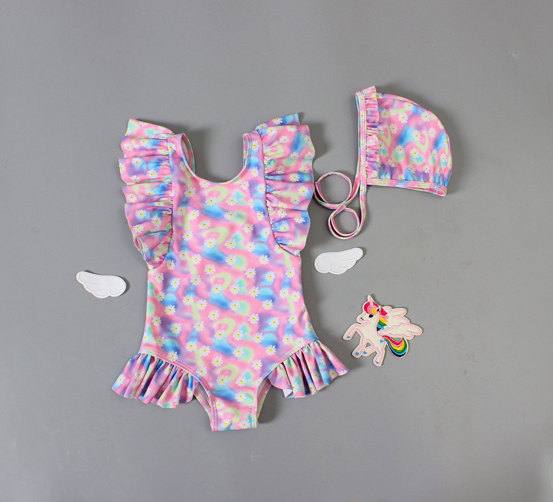2020 new children's swimsuit tie-dye baby Daisy baby baby baby baby one-piece triangle swimming suit and hat