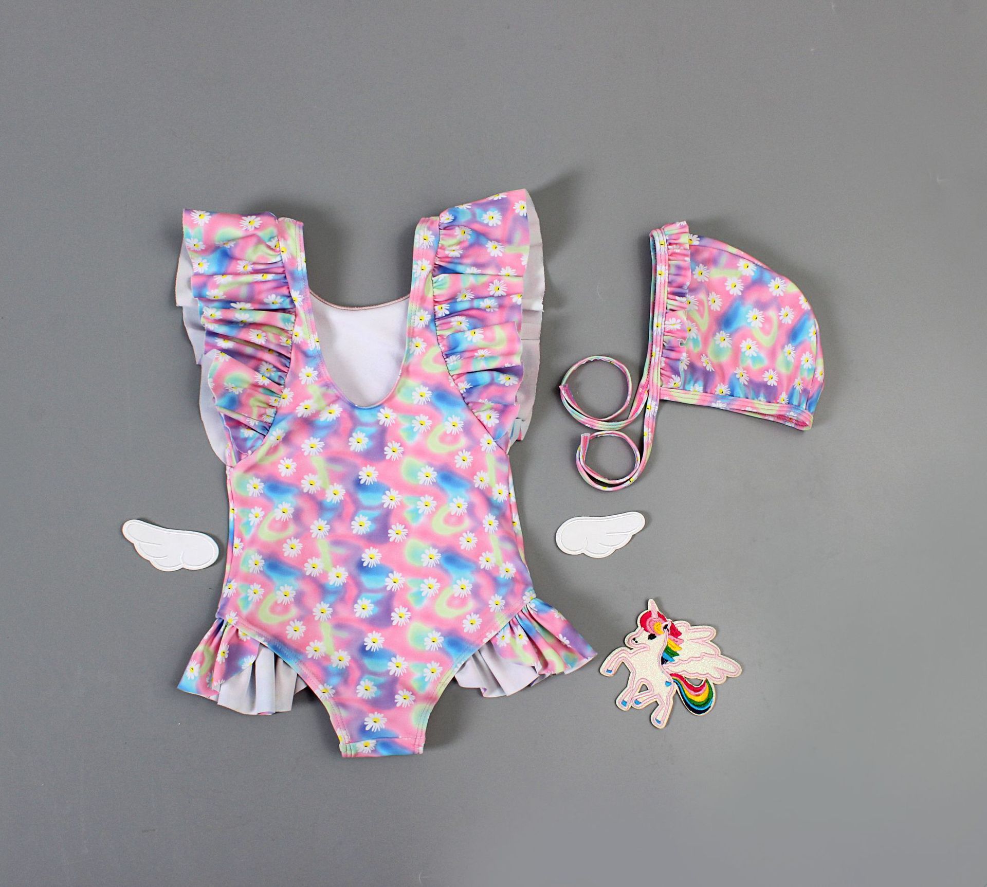 2020 new children's swimsuit tie-dye baby Daisy baby baby baby baby one-piece triangle swimming suit and hat