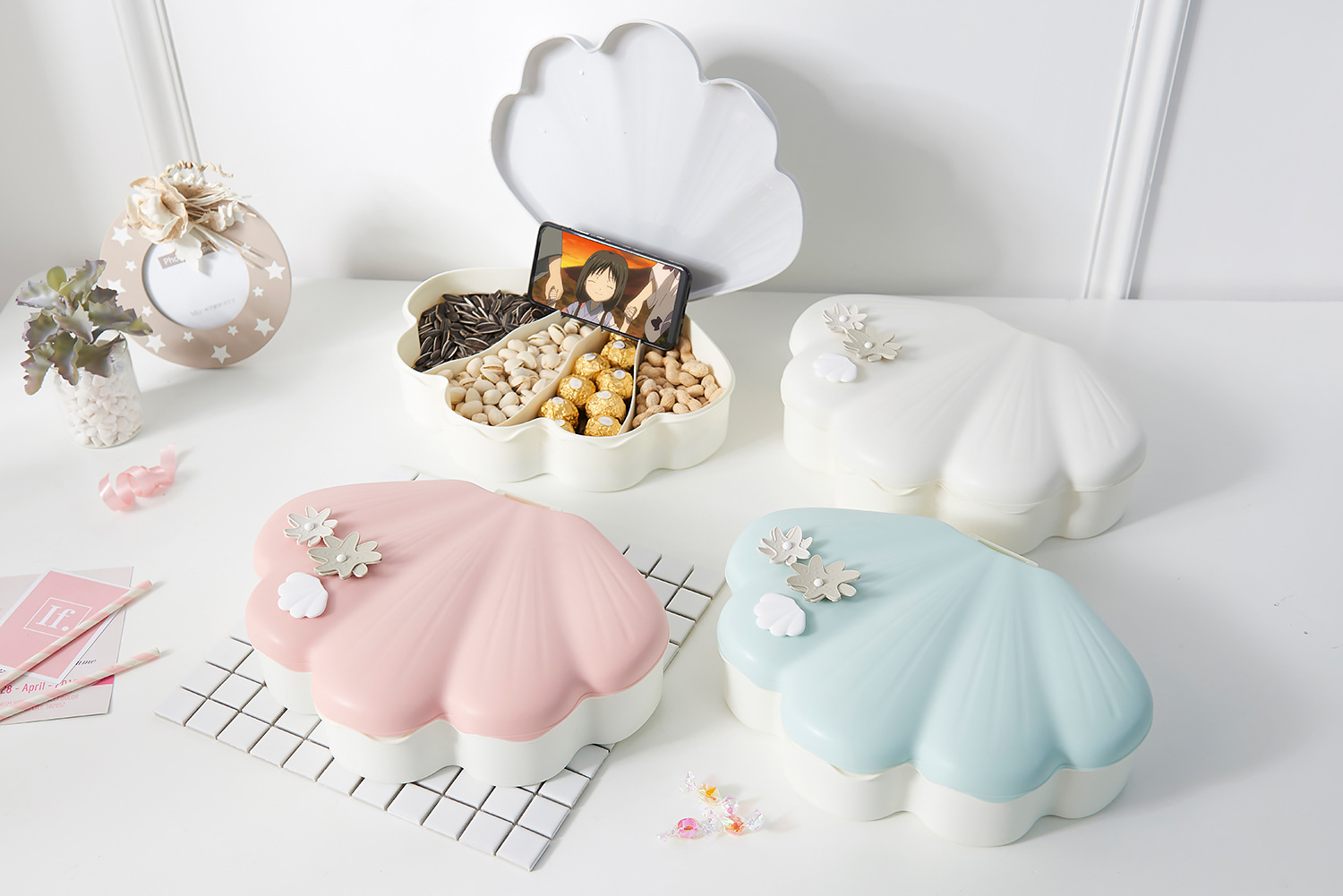 Shell Light Luxury Candy Box Compartment Snack Box Dried Fruit Tray Shell Melon Seeds Plate Handphone-Friendly Dried Fruit Box
