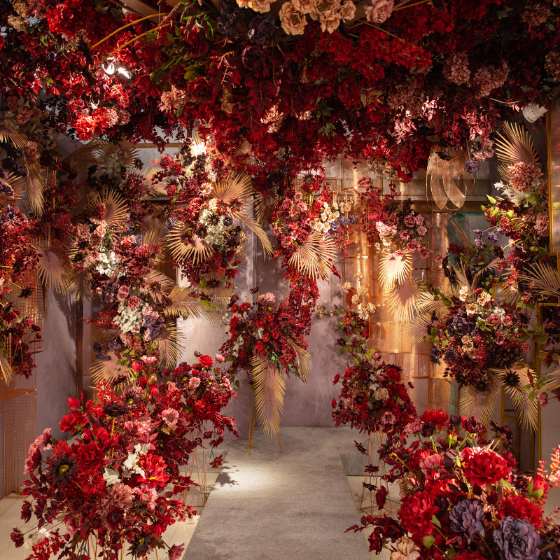 Dark Red Wedding Simulation Flower Matching Scene Combination Ceiling Road Lead Flower Rows Wedding Decorative Fake Flower Factory Wholesale