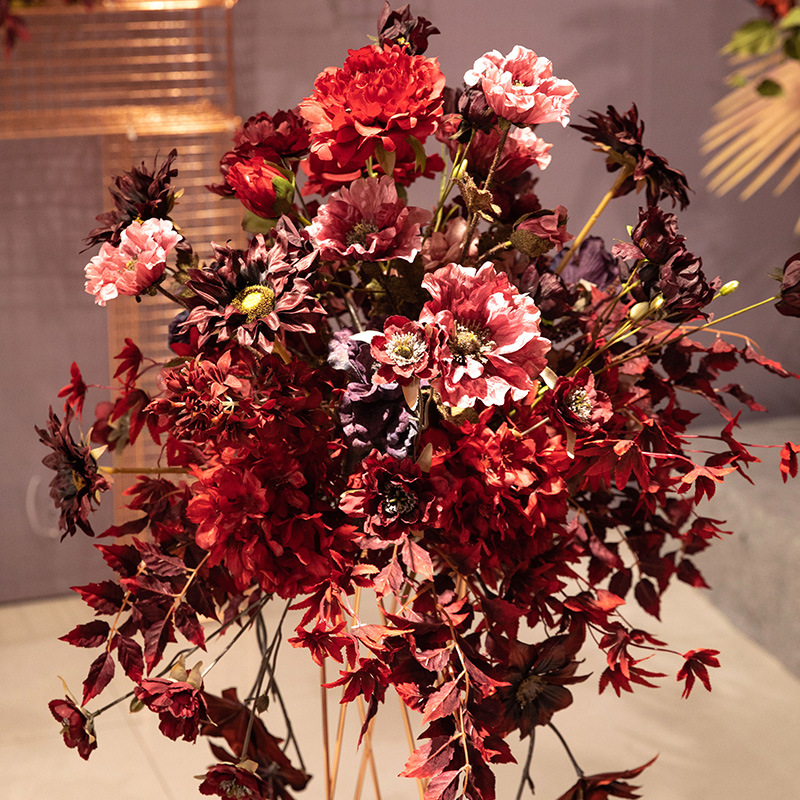 Dark Red Wedding Simulation Flower Matching Scene Combination Ceiling Road Lead Flower Rows Wedding Decorative Fake Flower Factory Wholesale