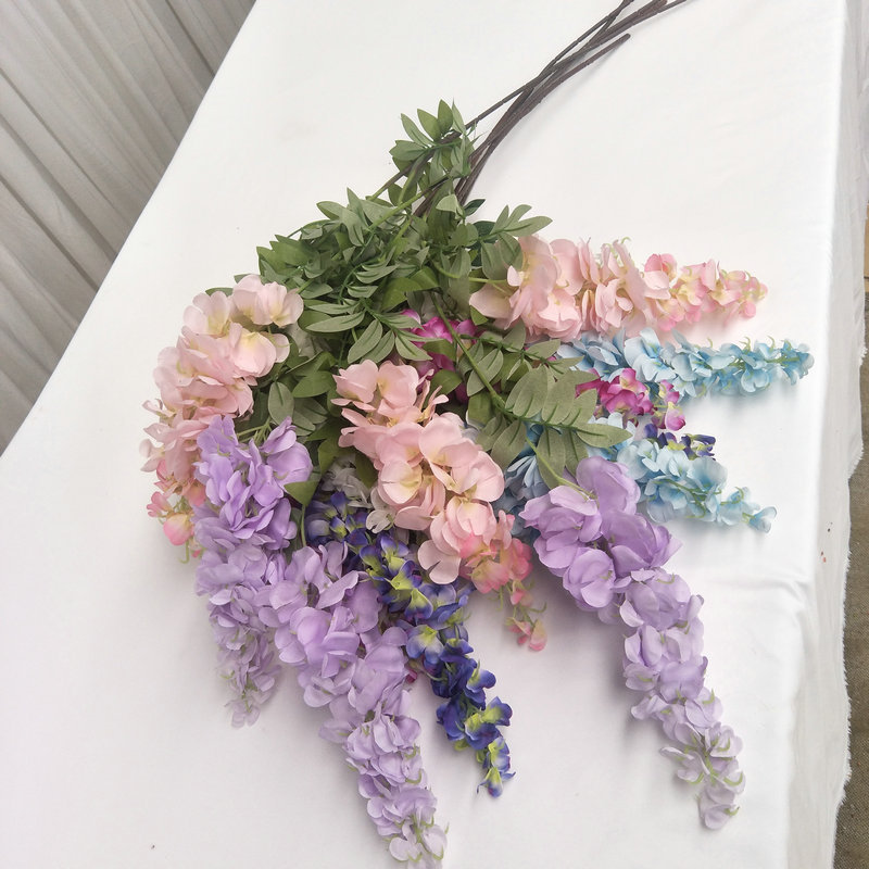 Simulation Three-Fork Wisteria Flower Ceiling Wedding Decoration Flower Multi-Color Simulation Tofu Pudding Rattan Raw Silk Fake Flowers