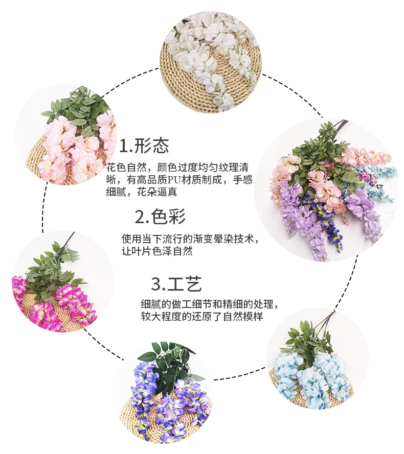 Simulation Three-Fork Wisteria Flower Ceiling Wedding Decoration Flower Multi-Color Simulation Tofu Pudding Rattan Raw Silk Fake Flowers