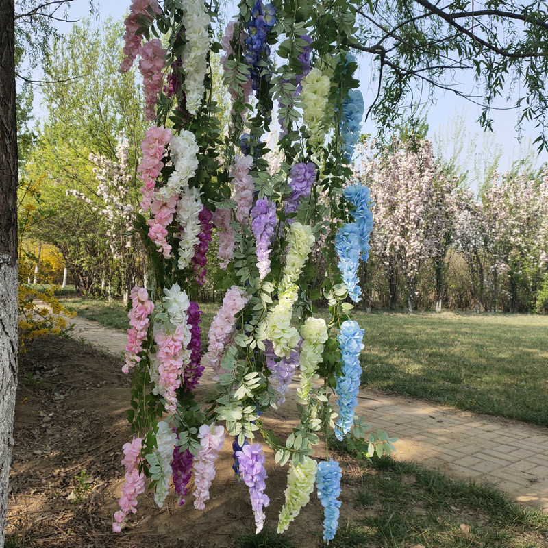 Simulation Three-Fork Wisteria Flower Ceiling Wedding Decoration Flower Multi-Color Simulation Tofu Pudding Rattan Raw Silk Fake Flowers