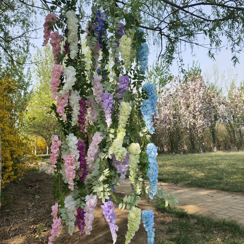 Simulation Three-Fork Wisteria Flower Ceiling Wedding Decoration Flower Multi-Color Simulation Tofu Pudding Rattan Raw Silk Fake Flowers