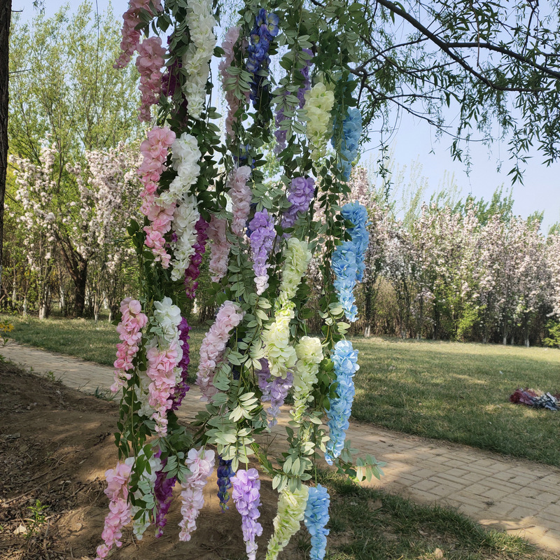 Simulation Three-Fork Wisteria Flower Ceiling Wedding Decoration Flower Multi-Color Simulation Tofu Pudding Rattan Raw Silk Fake Flowers