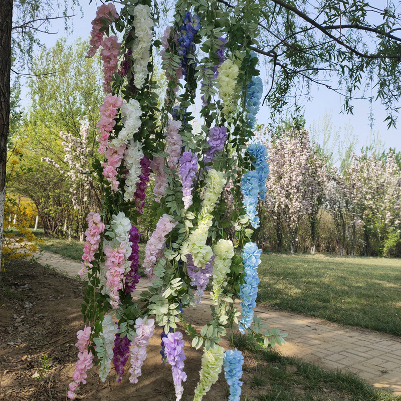 Simulation Three-Fork Wisteria Flower Ceiling Wedding Decoration Flower Multi-Color Simulation Tofu Pudding Rattan Raw Silk Fake Flowers