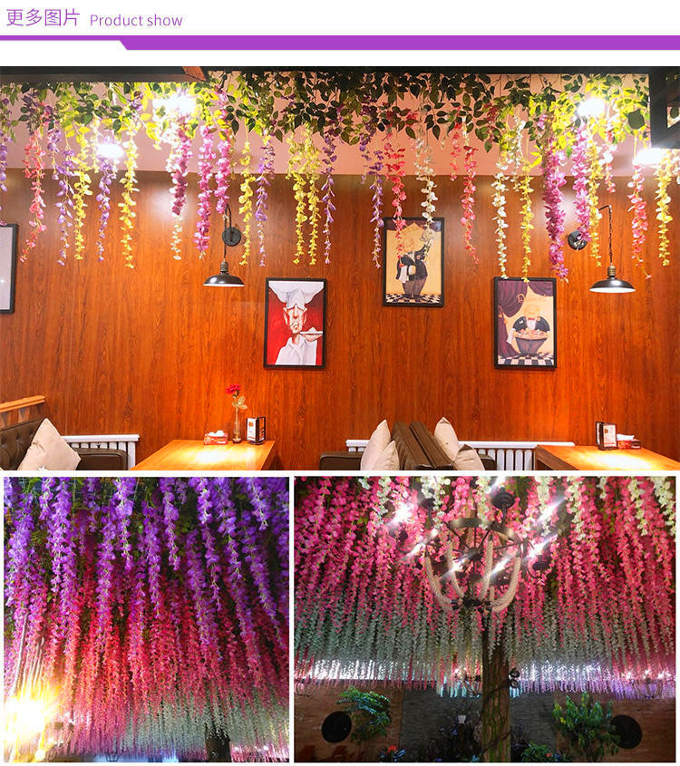 Artificial Wisteria Bean Flower String Long Wedding Celebration Decoration Rattan Indoor Ceiling Vine Flowers Violet HANAFUJI Fake Flower