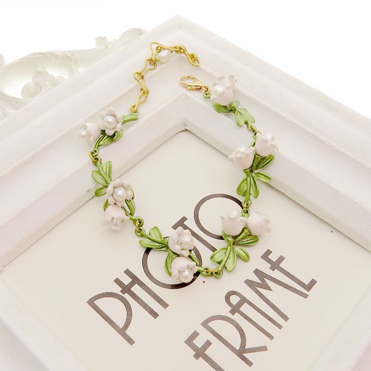 European and American Jewelry AliExpress Green Paint Freshwater Pearl Valley Lily Leaves Anchor Same Style Female Bracelet Wrist Ring