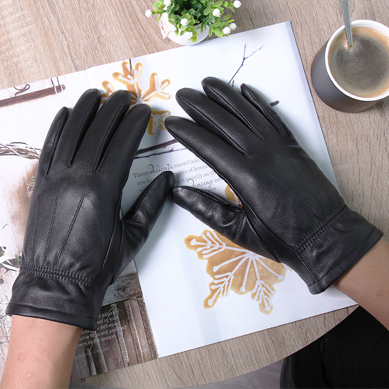 Genuine Leather Gloves Outdoor Men&#039;s and Women&#039;s Winter Fleece-Lined Wind-Proof and Cold Protection Thickening Embroidery Touch Screen Full-Grain Sheepskin Warm Gloves