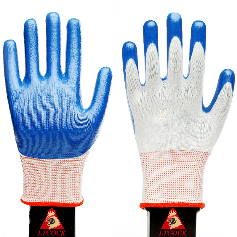 Wear-Resistant Non-Slip Dipped Nylon Gloves Thirteen-Needle Nitrile Blue Nitrile Coated Dingting Wholesale Nylon Gloves