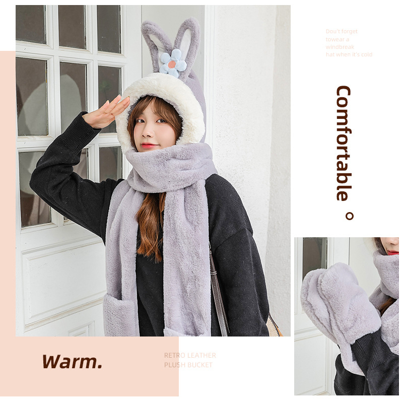 Winter New Hat Scarf Three-Piece Hooded Ear Protection Cartoon Women&#039;s Thick Plush Warm Scarf Gloves