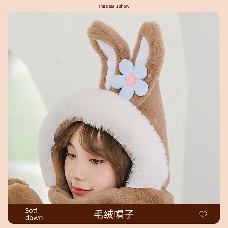 Winter New Hat Scarf Three-Piece Hooded Ear Protection Cartoon Women&#039;s Thick Plush Warm Scarf Gloves