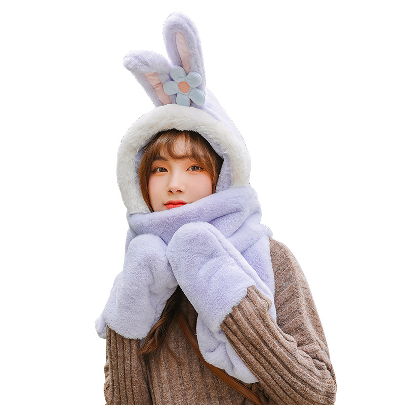 Winter New Hat Scarf Three-Piece Hooded Ear Protection Cartoon Women&#039;s Thick Plush Warm Scarf Gloves