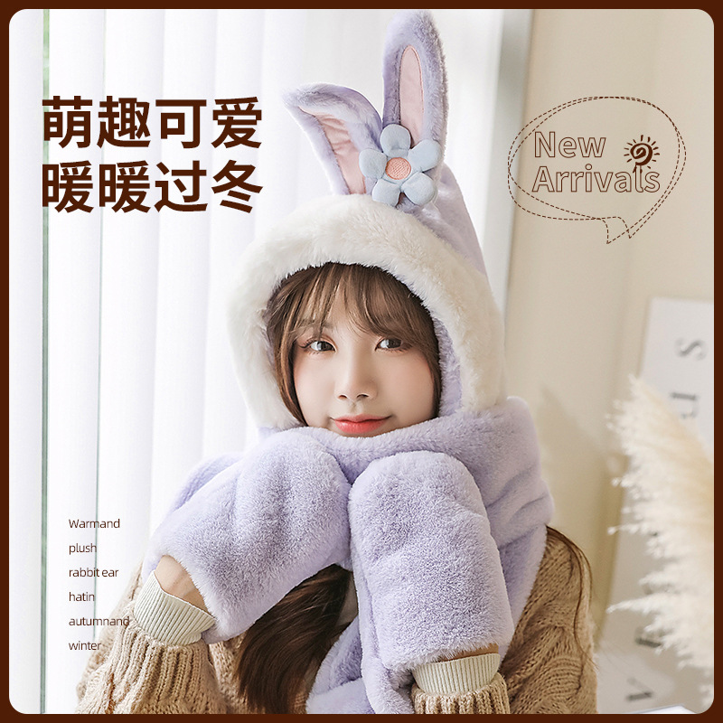 Winter New Hat Scarf Three-Piece Hooded Ear Protection Cartoon Women's Thick Plush Warm Scarf Gloves