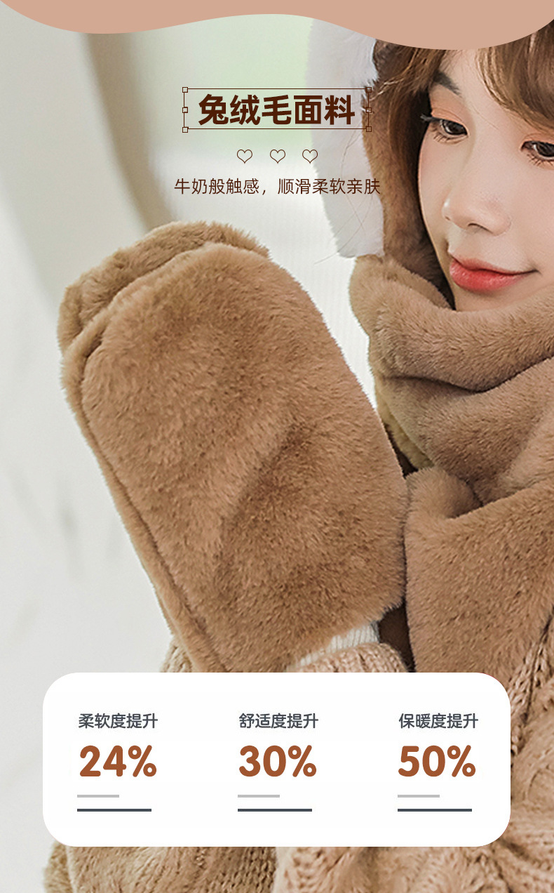 Winter New Hat Scarf Three-Piece Hooded Ear Protection Cartoon Women's Thick Plush Warm Scarf Gloves