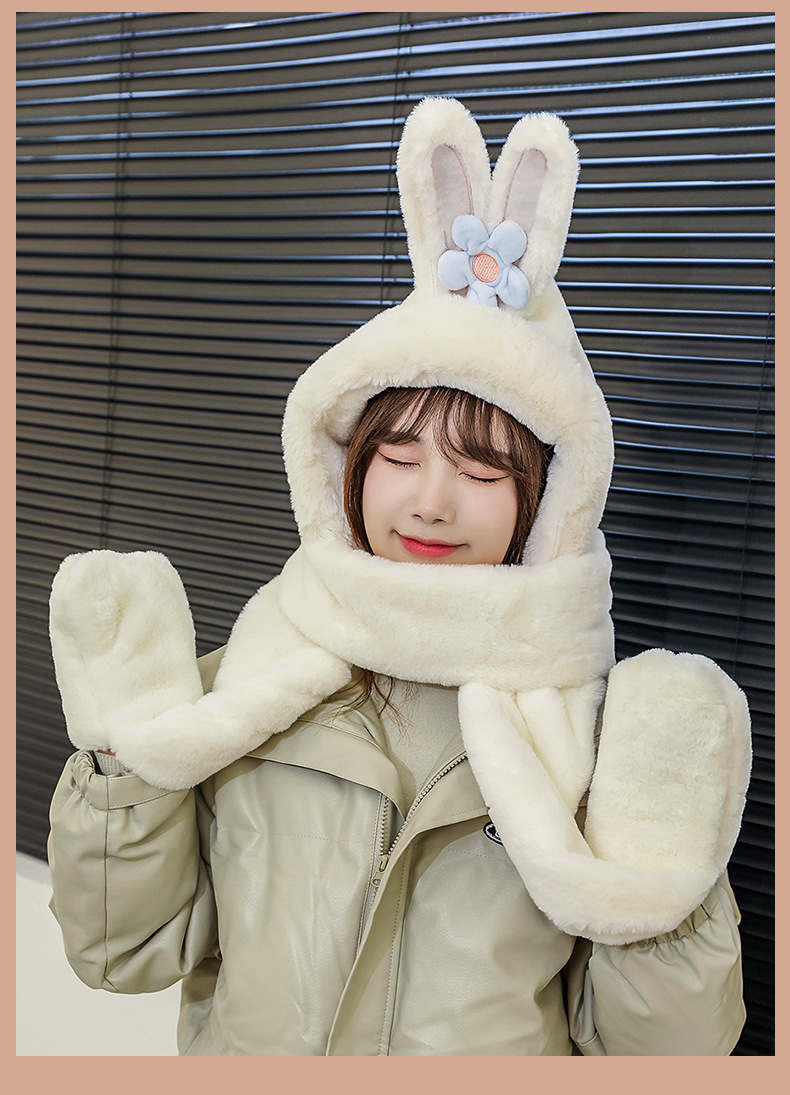 Winter New Hat Scarf Three-Piece Hooded Ear Protection Cartoon Women's Thick Plush Warm Scarf Gloves