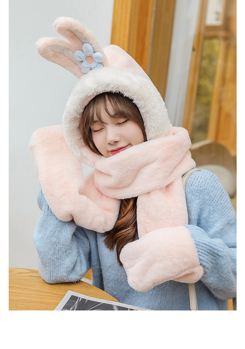 Winter New Hat Scarf Three-Piece Hooded Ear Protection Cartoon Women's Thick Plush Warm Scarf Gloves