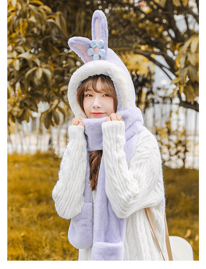 Winter New Hat Scarf Three-Piece Hooded Ear Protection Cartoon Women's Thick Plush Warm Scarf Gloves