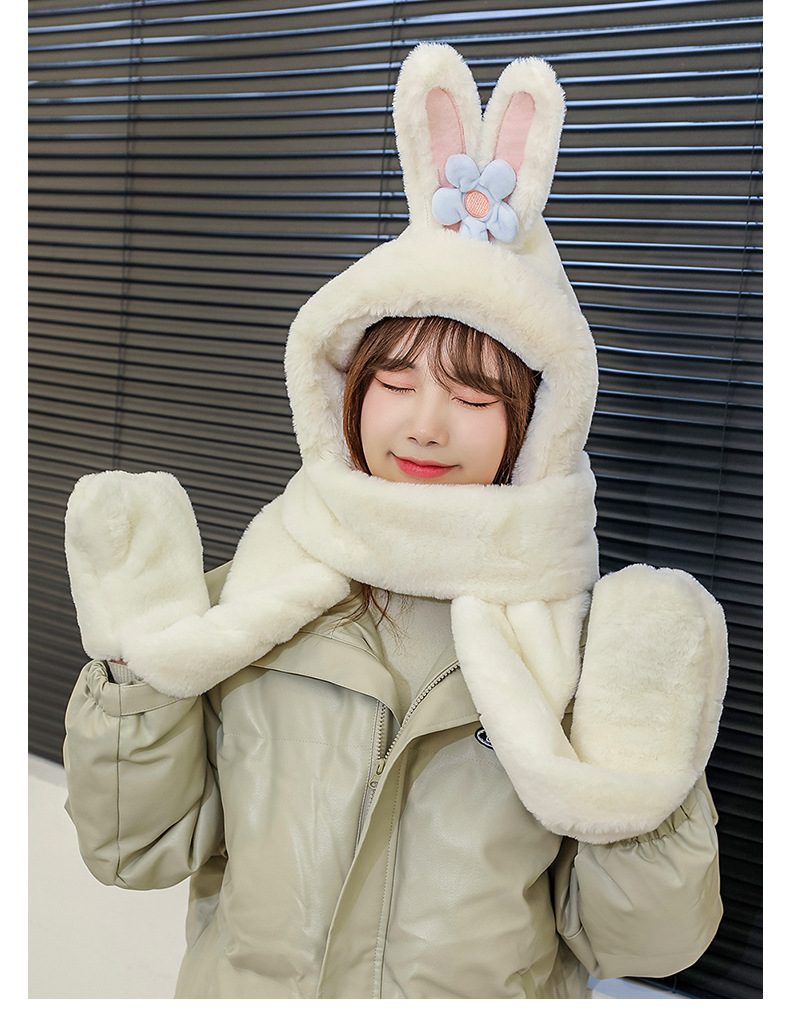 Winter New Hat Scarf Three-Piece Hooded Ear Protection Cartoon Women's Thick Plush Warm Scarf Gloves