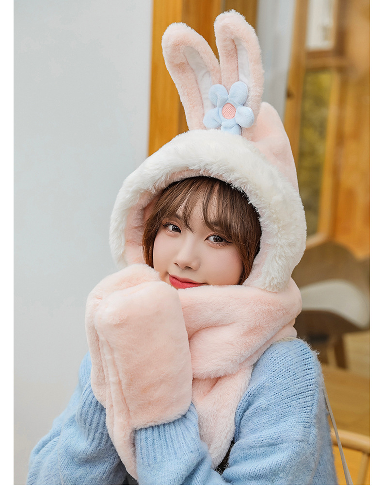 Winter New Hat Scarf Three-Piece Hooded Ear Protection Cartoon Women's Thick Plush Warm Scarf Gloves