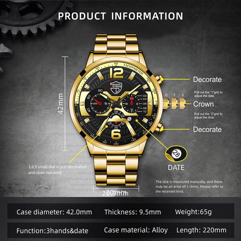 New Fashion Men&#039;s Stainless Steel Calendar Watch Business Quartz Watch Deyros Brand Wrist Watch in Stock