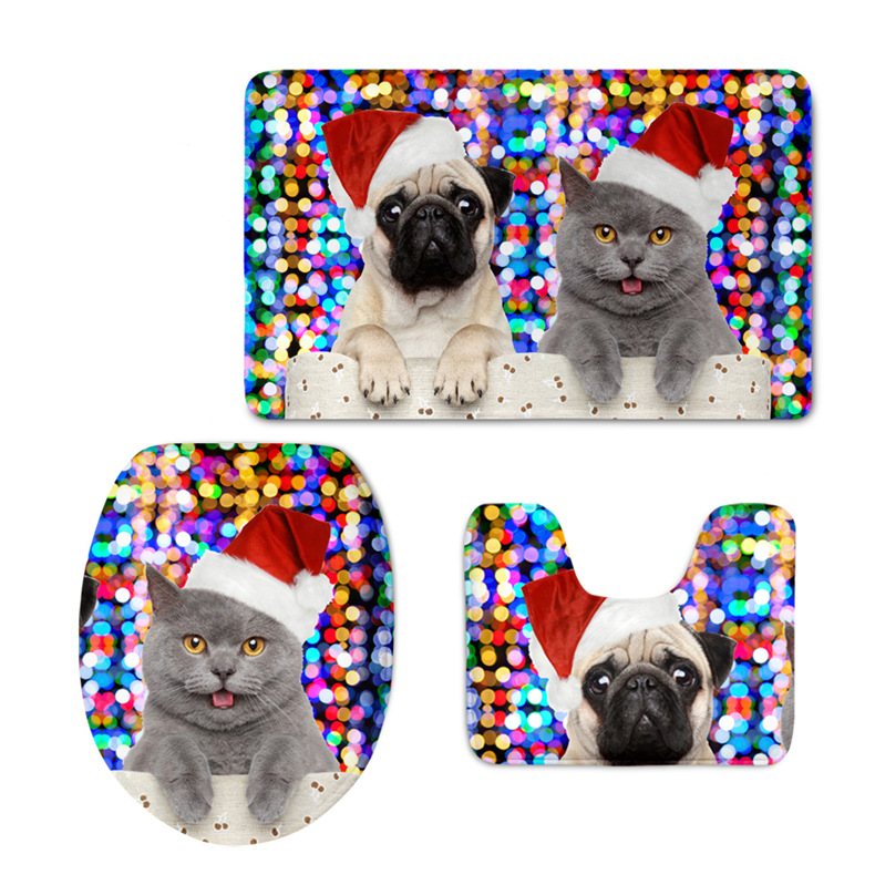 Europe and America Cross Border Flannel Toilet Cover Set Pattern Custom Christmas Hat Printing Toilet Foot Mat Three-Piece Set