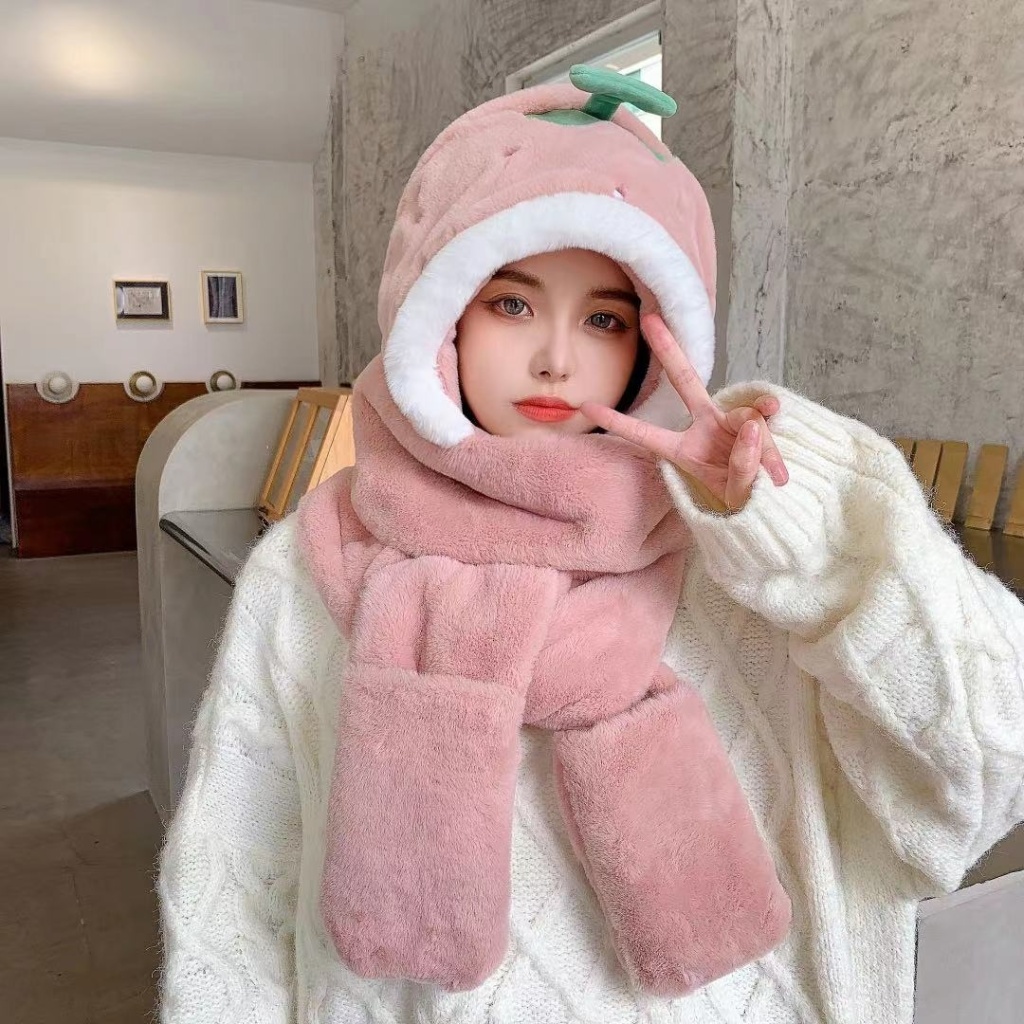 Animal Hat Three-Piece Strawberry Warm, Soft, Comfortable, Beautiful and Elegant