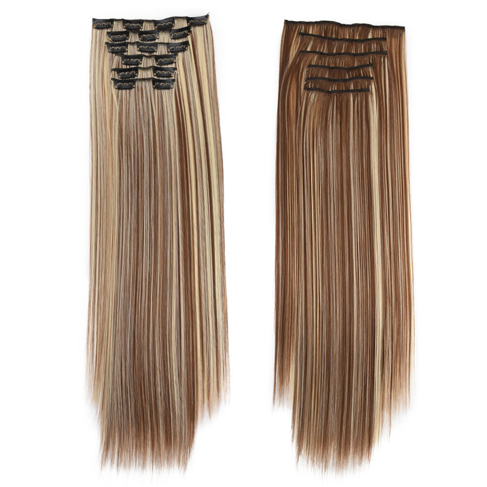 Wig Hairpiece Clip Hair Extension Chemical Fiber High-Temperature Fiber Long Straight Hair Seamless Wig Set 16 Card Hairpiece Clip