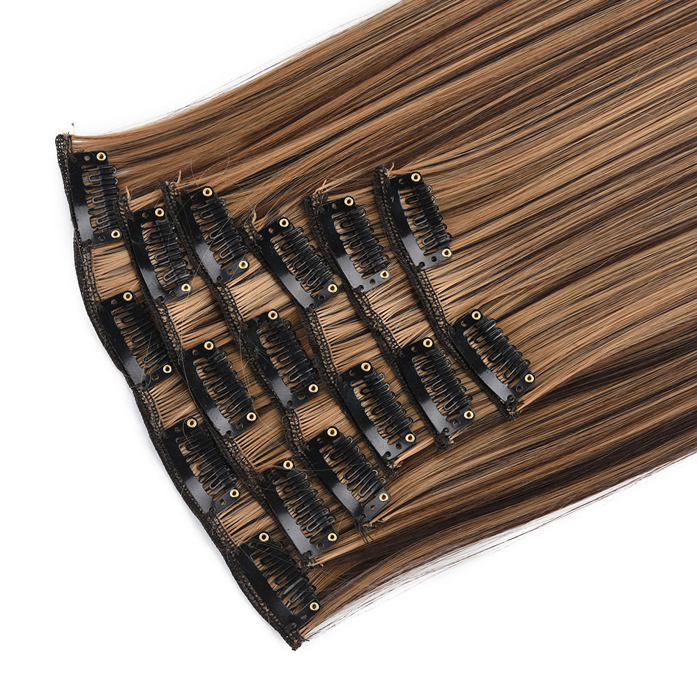 Wig Hairpiece Clip Hair Extension Chemical Fiber High-Temperature Fiber Long Straight Hair Seamless Wig Set 16 Card Hairpiece Clip