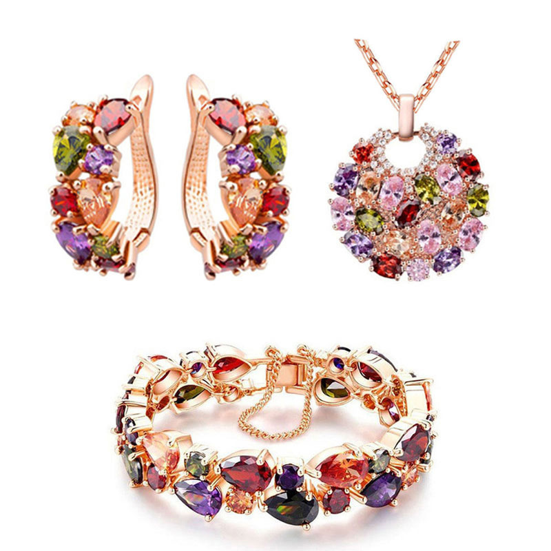 European and American Jewelry Set Stylish Water Drop Crystal African Jewelry Bridal Necklace Set Colorful Zircon Three-Piece Set