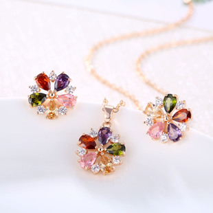 European and American Jewelry Set Stylish Water Drop Crystal African Jewelry Bridal Necklace Set Colorful Zircon Three-Piece Set