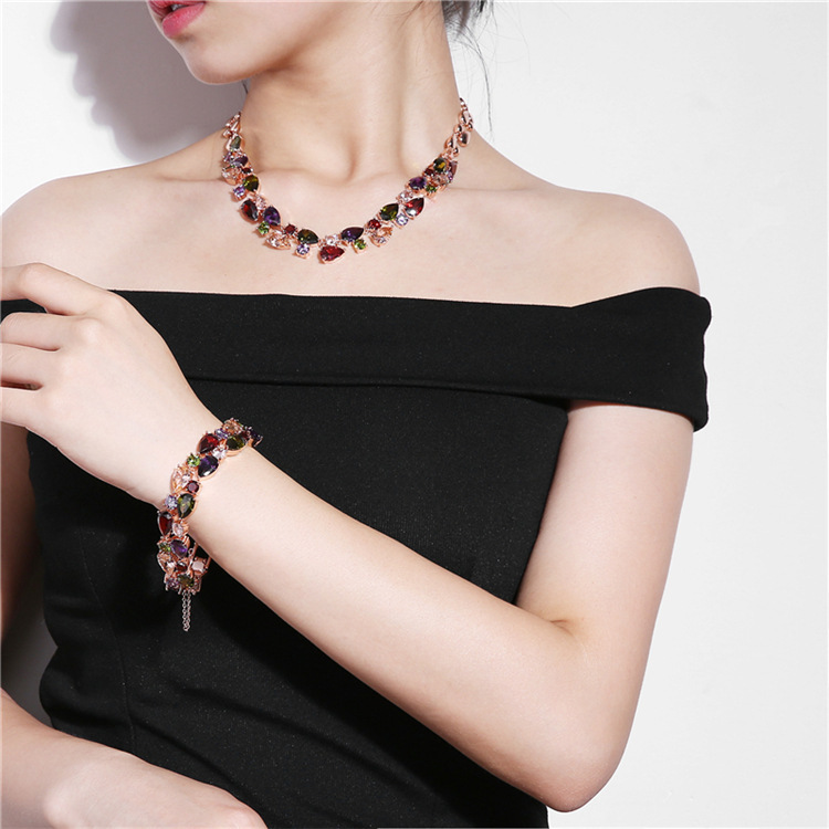 European and American Jewelry Set Stylish Water Drop Crystal African Jewelry Bridal Necklace Set Colorful Zircon Three-Piece Set