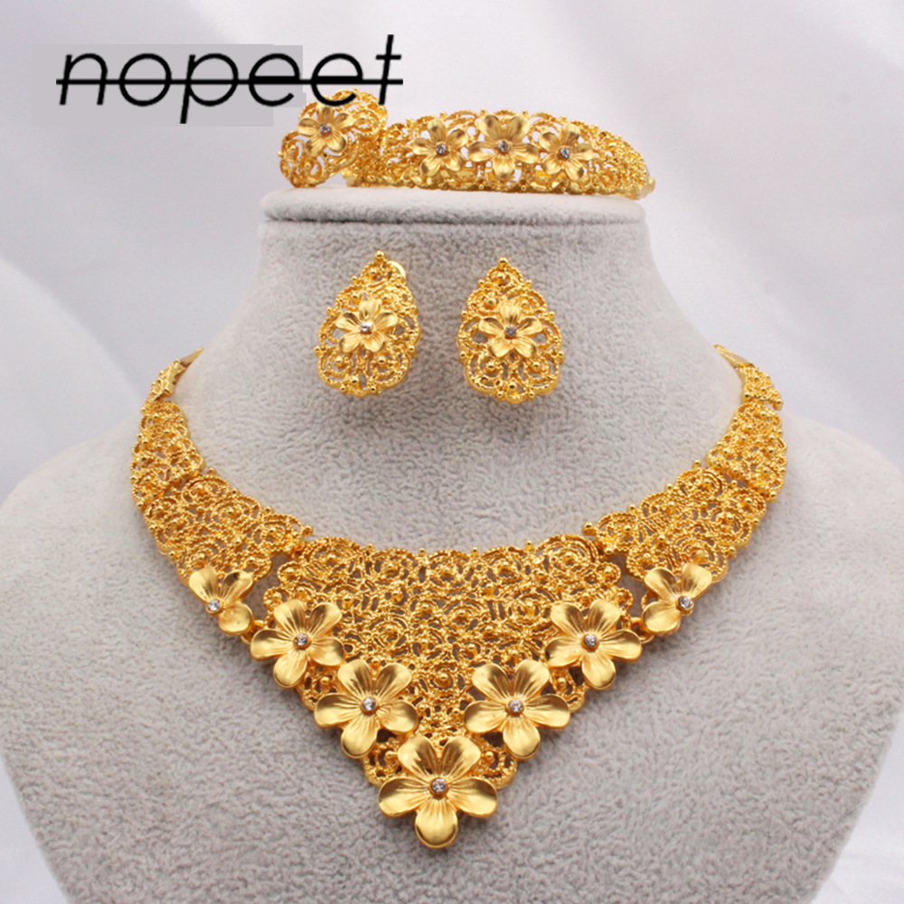 Dubai Gold Ornament African Bridal Jewelry Set Saudi Women Necklace Bracelet Earrings Four-Piece Ring Set