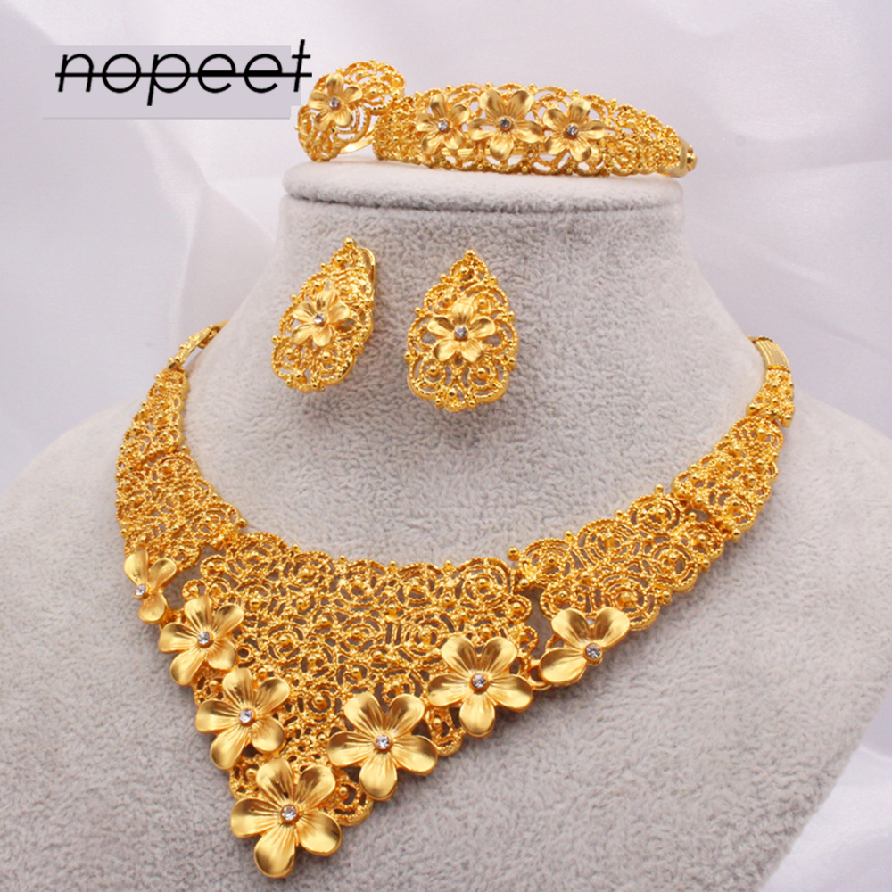 Dubai Gold Ornament African Bridal Jewelry Set Saudi Women Necklace Bracelet Earrings Four-Piece Ring Set
